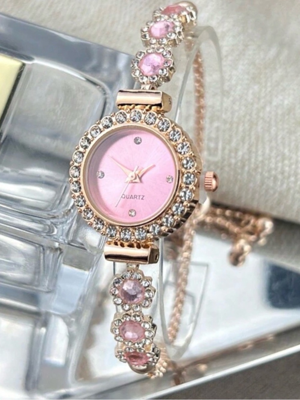Elegant Pink Crystal Women's Bracelet Watch - Rose Gold Tone - Picture 3 of 5